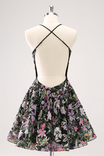 Sparkly Black A Line Floral Short Cocktail Dress with Sequins